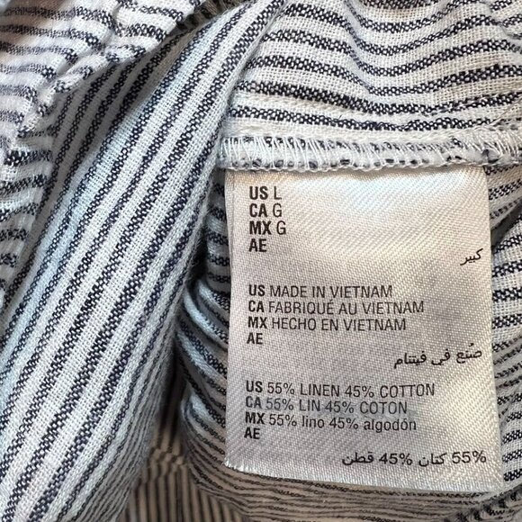 Morgan Taylor Women V Neck Linen Smocked Top Short Sleeve Sz L White Gray Stripe - Picture 4 of 11